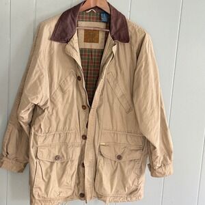 Vtg GH Bass Mens Field Jacket Tan Cotton Leather Collar Plaid Lined Barn Coat M